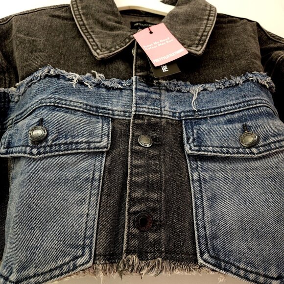 Womens Pretty Little Thing Cropped Denim Jacket Black & Blue Frayed Hem Size 6 - Picture 3 of 16
